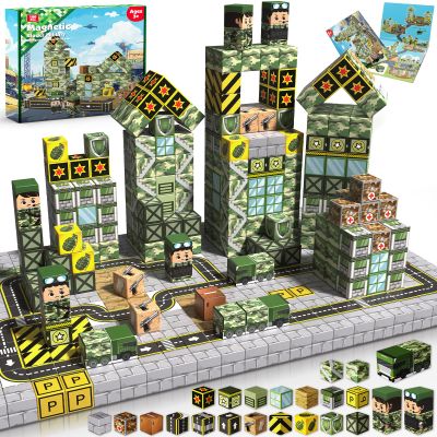100PCS Magnetic Blocks - STEM Magnetic Building Blocks for Kids Military Construction Cube Toys Games, Educational Sensory Stacking Magnets Cube Toys for Kids Christmas Birthday Gifts Boys & Girls