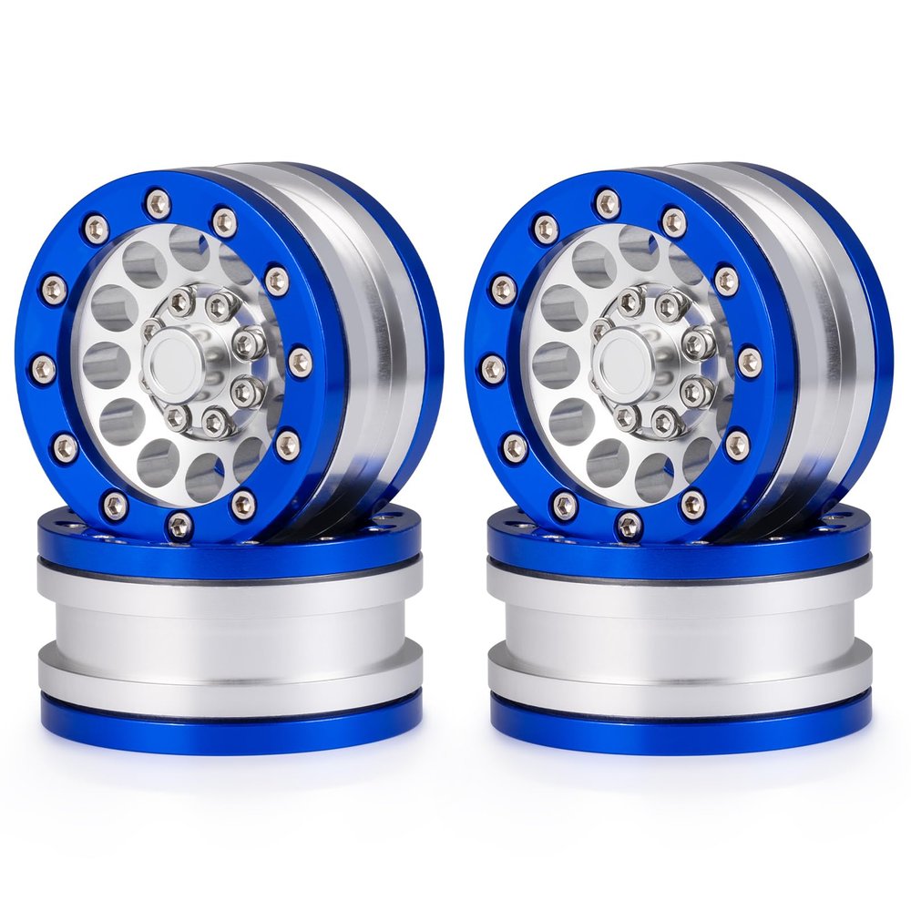 QUE-T 4pcs 1.9 inches Beadlocks Wheels Metal RC Crawler Wheel Hubs for TRX4 Axial Scx10 Series D90 Wraith VS4-10 1:10 Scale RC Car Upgrade (Blue & Silver)