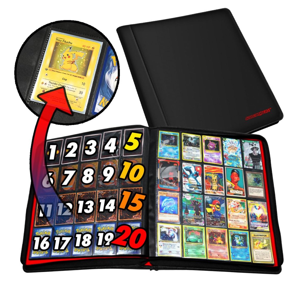 1280+ Cards 20 Pocket Card Binder Collector Card Album - Pages Compatible with Pokemon Cards, Sports Cards, Yugioh, MTG and Other TCG - Trading Card Sleeve with Side Loading Pockets (Black/Red)