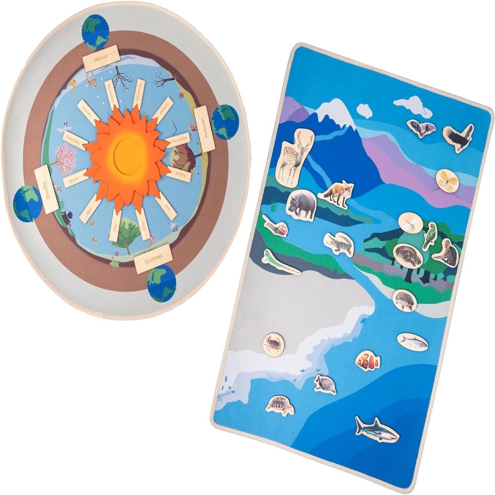 2 Pcs Montessori Educational Mat-Seasons Mat,Land and Water Mat-31.5' Round Mat with Wooden Cards of 4 Seasons and 12 Months-Mats for Kids 3-6,Interactive Learning Activities-Celebrating Birthday Toys