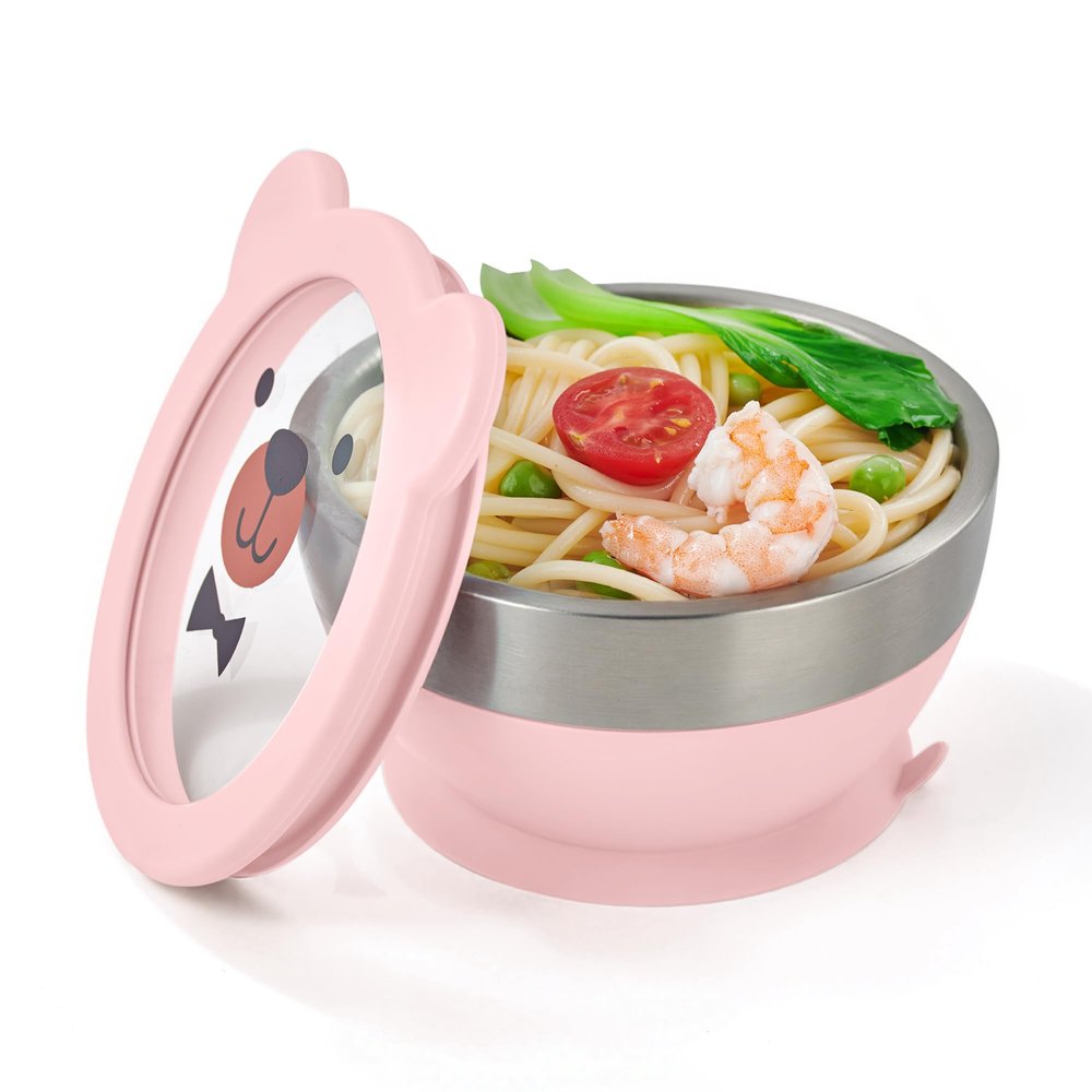 Mrs. Chou Suction Bowl and Spoon Set for Babies and Toddlers Non-Slip Silicone Suction Cups, Advanced 304 Stainless Steel Bowls, Double-Layer Insulation, and BPA-Free Lids Food-Grade Safety PINK