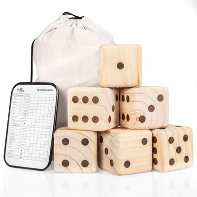 Barcaloo Yardzee Outdoor Family Games, Six 3.5" Giant Wooden Dice Games for Families (Unstained)