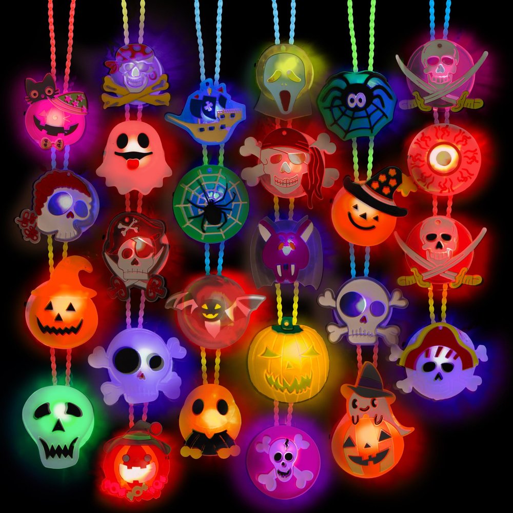 ArtCreativity Halloween Light Up Skull Necklaces - Pack of 26 - Spooky LED Set - Glow Necklaces for Trick or Treat Party Favors - Halloween Decoration Party Supplies
