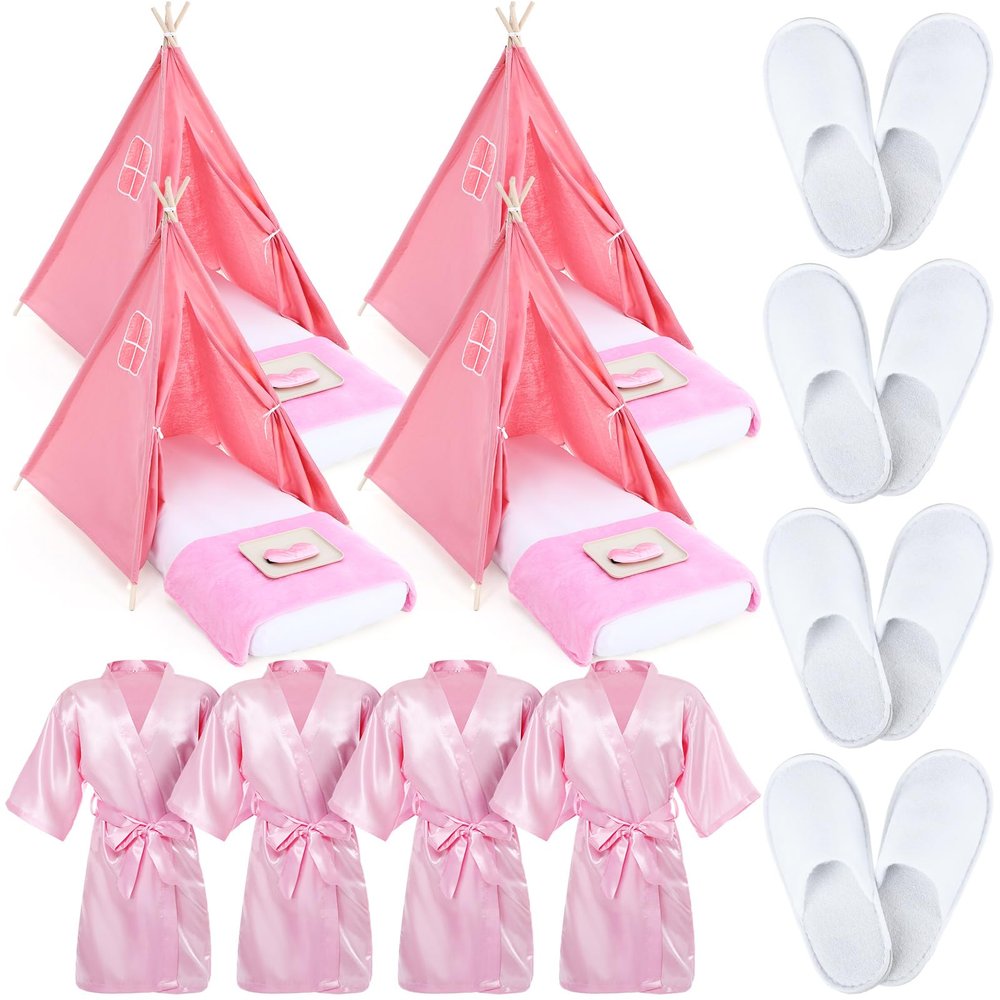 Breathffy 4 Set Girls Sleepover Teepee Tent Kit Inflatable Airbed Bedding Fitted Sheet Pink Satin Kimono Robe Eye Shade Slipper Play Washable Slumber Party Tent for Indoor Outdoor Christmas
