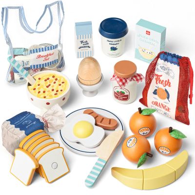 Lehoo Castle Wooden Play Food Set - Montessori Cutting Fruit Egg Bread, Pretend Breakfast Food Toys for Kids Kitchen, Educational Toddler Toys 3-5 Years, with Storage Bag, Birthday Gift for Boys Girls