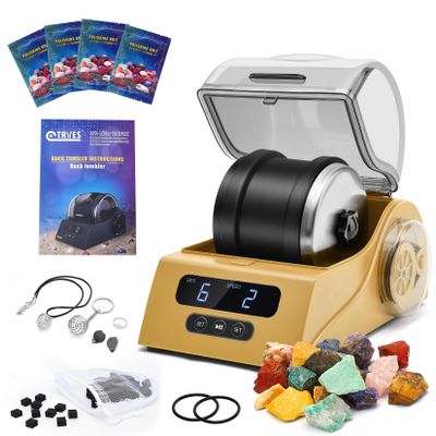 Tryes Rock Tumbler Kit Adults - Rock Polisher Tumbler with Noise Reduction Cover, Speed&Timer Control, Includes 4 Polishing Grits, Rough Gemstones, Learning Guide etc. (Yellow)