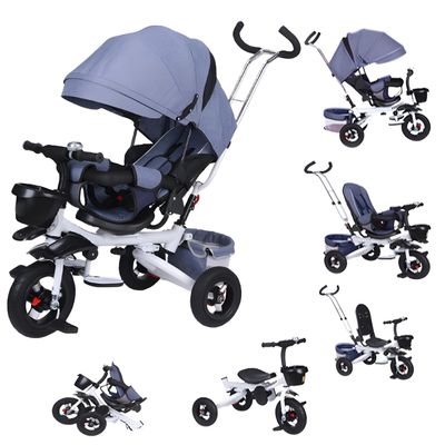 Kids Tricycle for Riders Ages 18 Months+,5-in-1 Tricycle Stroller,Adjustable Push Handle, Rotatable Seat,Retractable Canopy,Folding Baby Tricycle,w/Detachable Guardrail, Footrest,Gray