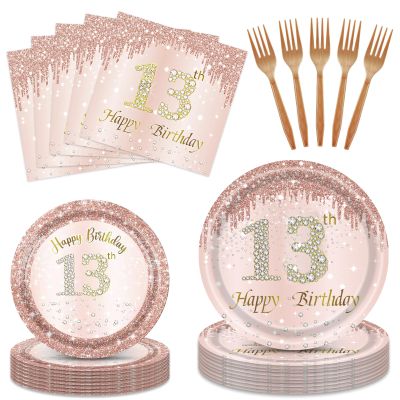 13th Birthday Decorations for Girls,Rose Gold 13 Birthday Girl Decorations Plates and Napkins Forks Disposable Tableware Set 13 Years Old Birthday Party Decorations Favors for Girls