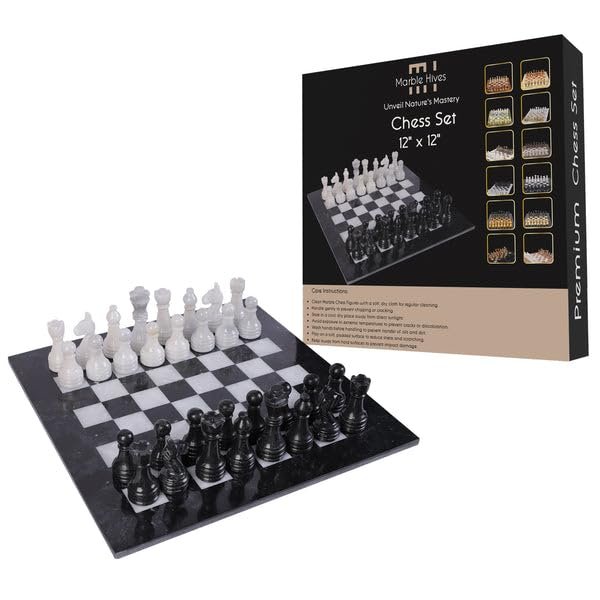 12 Inch Luxury Marble Chess Set  Chess Boards for Adults  Classic Chess Sets for Adults with Handcrafted Stone Board & Marble Chess Pieces  Ideal for Home Decor (Black & White)