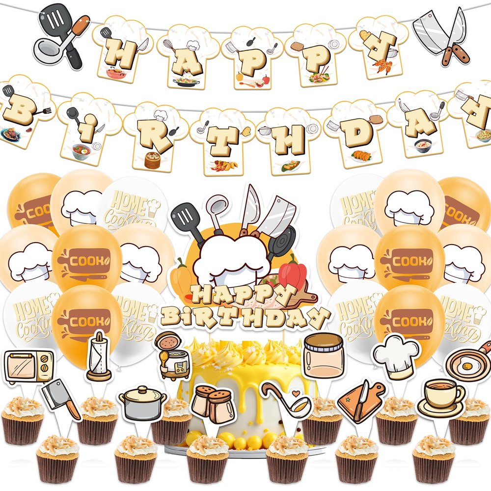 Cook Party Decorations Home Cooking Birthday Party Supplies Includes Cook Kitchenware Birthday Banner, Cake Topper, Cupcake Toppers, Balloons