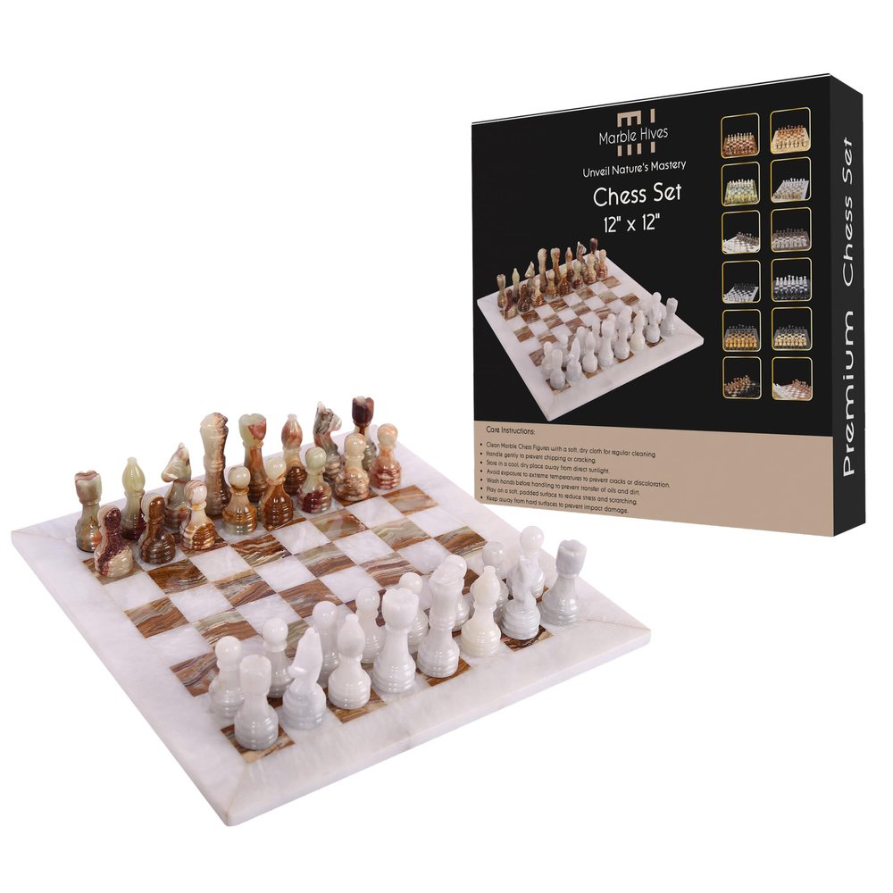 12 Inch Luxury Marble Chess Set  Chess Boards for Adults  Classic Chess Sets for Adults with Handcrafted Stone Board & Marble Chess Pieces  Ideal for Home Decor (White & Green)