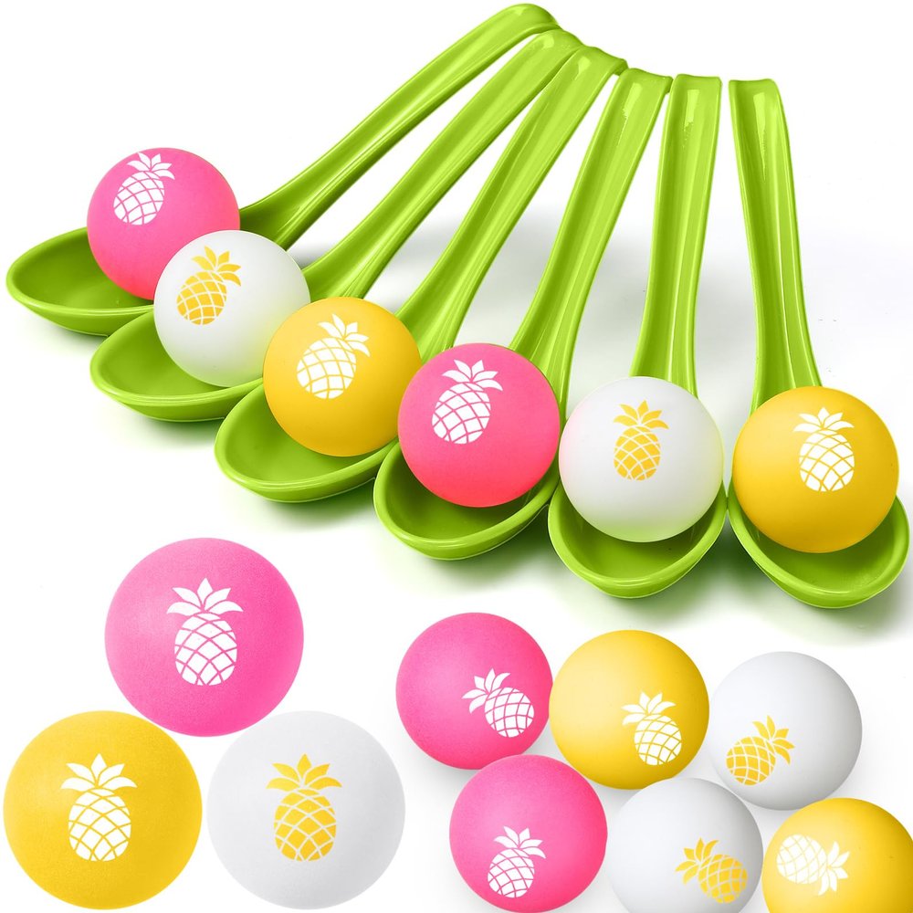 VercanMonth 12 Pcs Luau Hawaiian Egg and Spoon Race Set Tropical Summer Aloha Themed Birthday Supplies(Green,Pineapple)