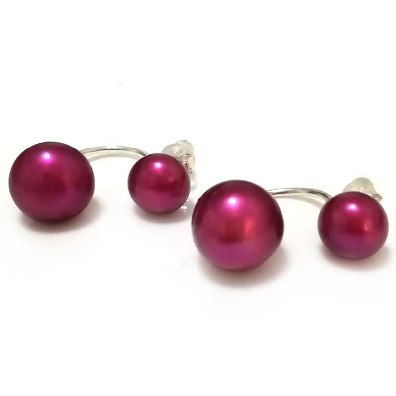 FUKUSA New Natural Button Pearl Earring for Women Wedding 925 Sterling Silver Jewelry Double Pearl Earring (Red)
