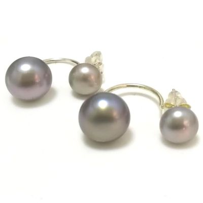 FUKUSA New Natural Button Pearl Earring for Women Wedding 925 Sterling Silver Jewelry Double Pearl Earring (Silver Gray)