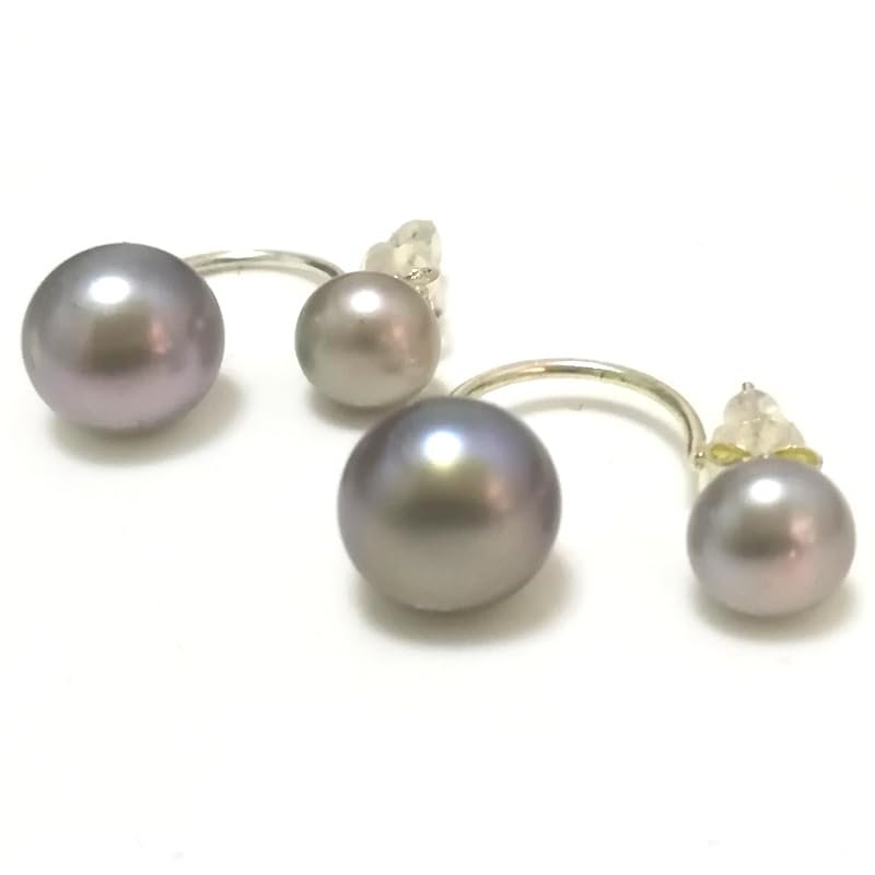 FUKUSA New Natural Button Pearl Earring for Women Wedding 925 Sterling Silver Jewelry Double Pearl Earring (Silver Gray)