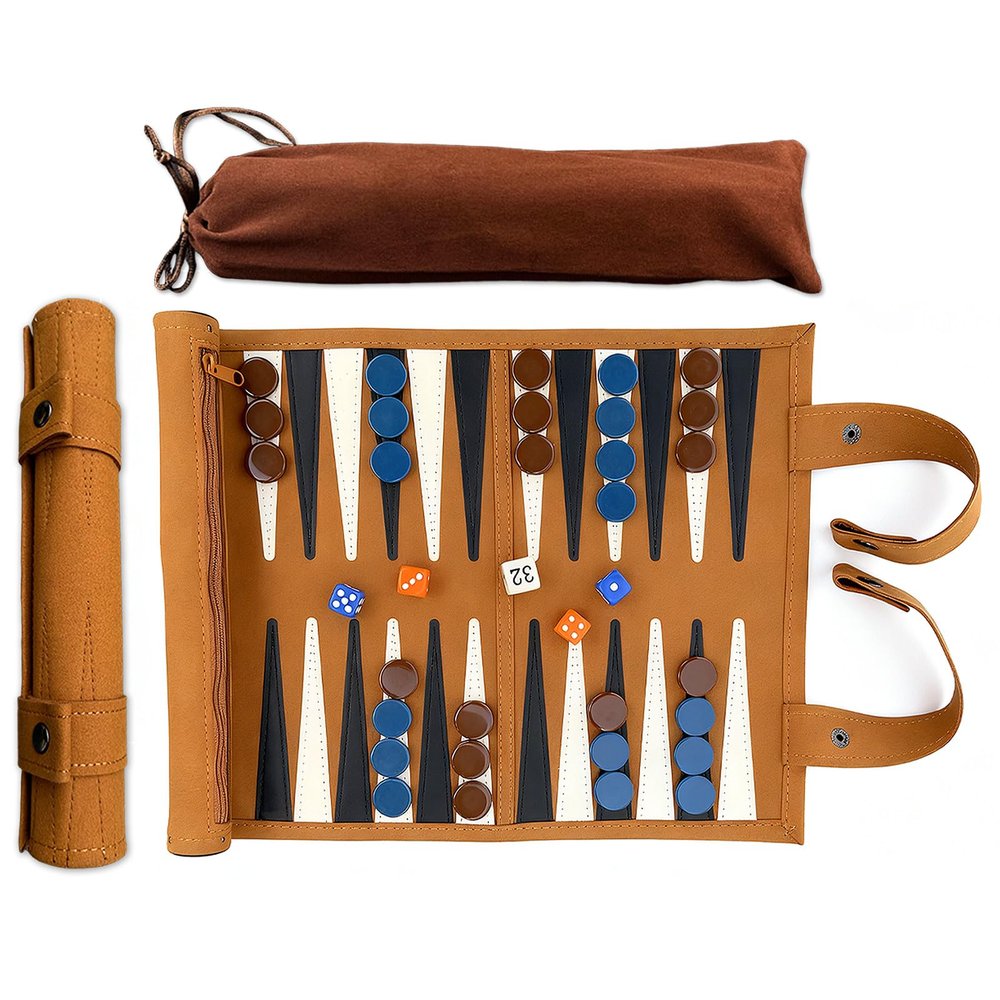 Leather Travel Backgammon Chess Set, Roll Up Folding Classic Board Game Travel Backgammon Set with Drawstring Bag, Portable and Lightweight