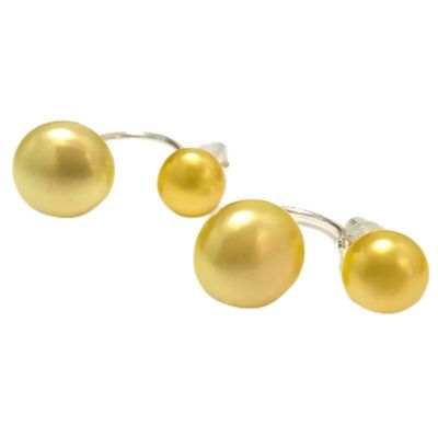 New Natural Button Pearl Earring for Women Wedding 925 Sterling Silver Jewelry Double Pearl Earring (Yellow)