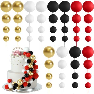 BOUBONI 48 Pcs Balls Cake Topper Decorations Balloon Cupcake Toppers Foam Cake Topper Balls Cake Balls Decorations for Birthday Party Wedding Cake Decorating (Black, Red, White, Gold)