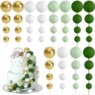 BOUBONI 48 Pcs Cake Topper Decorations - Balloon Cupcake Toppers, Foam Balls for Birthday Party Wedding Cake Decorating (Green, Light Green, White, Gold)