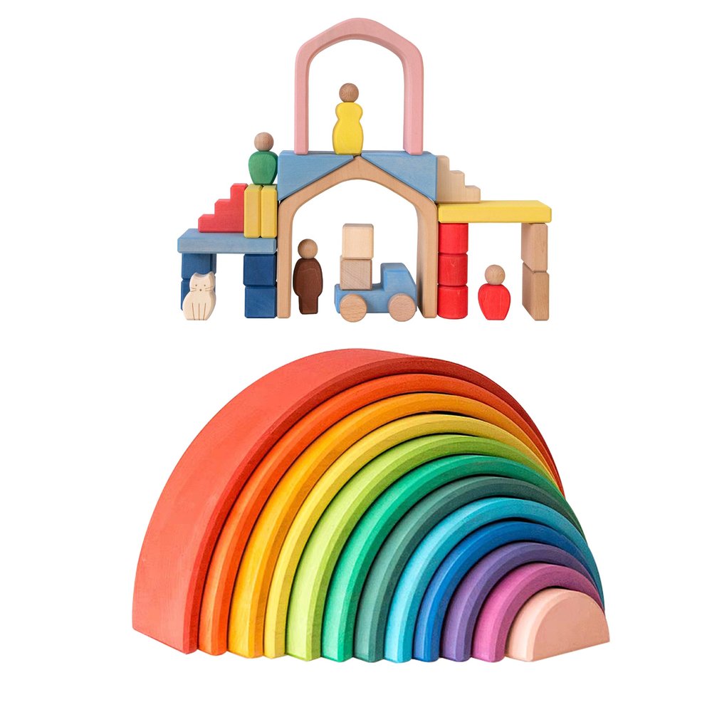 AVDAR Wooden Rainbow Stacking Toy & Lodge Travel Set