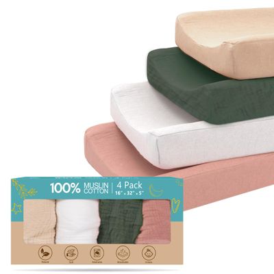 100% Muslin Changing Pad Cover Ultra Soft 120GSM Baby Changing Pad Covers for Girls and Boys - Easy wash Diaper Changing pad Cover with Low Shrinkage (4 Pack - White/Sage Green/Beige/Sand)