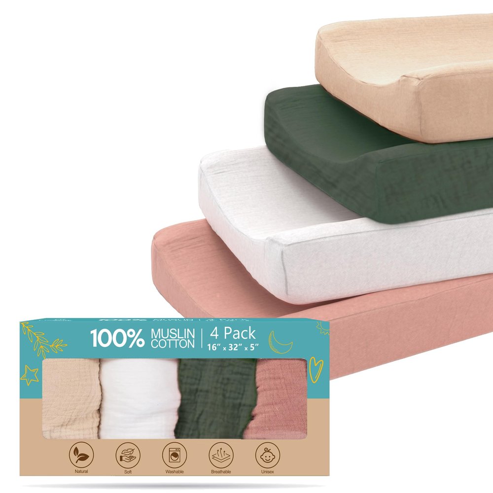 100% Muslin Changing Pad Cover Ultra Soft 120GSM Baby Changing Pad Covers for Girls and Boys - Easy wash Diaper Changing pad Cover with Low Shrinkage (4 Pack - White/Sage Green/Beige/Sand)