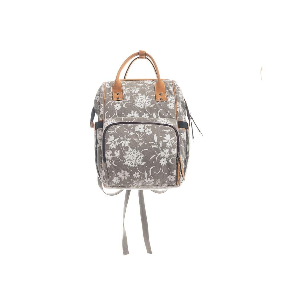 Myra Bag Diaper Bag for Women - Western Upcycled Canvas and Leather Backpack Handbag Gray, S-9790