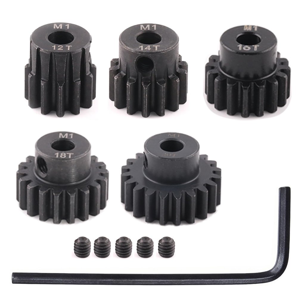 5pcs Mod 1 Pinion Gear 5mm Set Hardened Steel 12T 14T 16T 18T 20T Fit 5mm RC Motor Shaft M1 Pitch Gears Compatible with Arrma Traxxas Axial HSP Redcat Losi RC Car Truck Buggy (with Screwdriver)