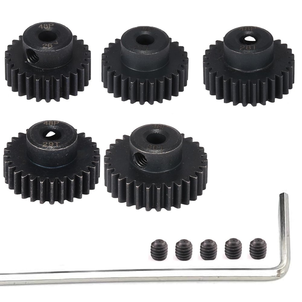 48P Hardened Steel Pinion Gear Set 3.175mm (1/8 inch) Hole 26T 27T 28T 29T 30T 48DP Pitch Gears with Hex Key for RC Brushless Brush Motor RC Car Upgrade (5pcs)