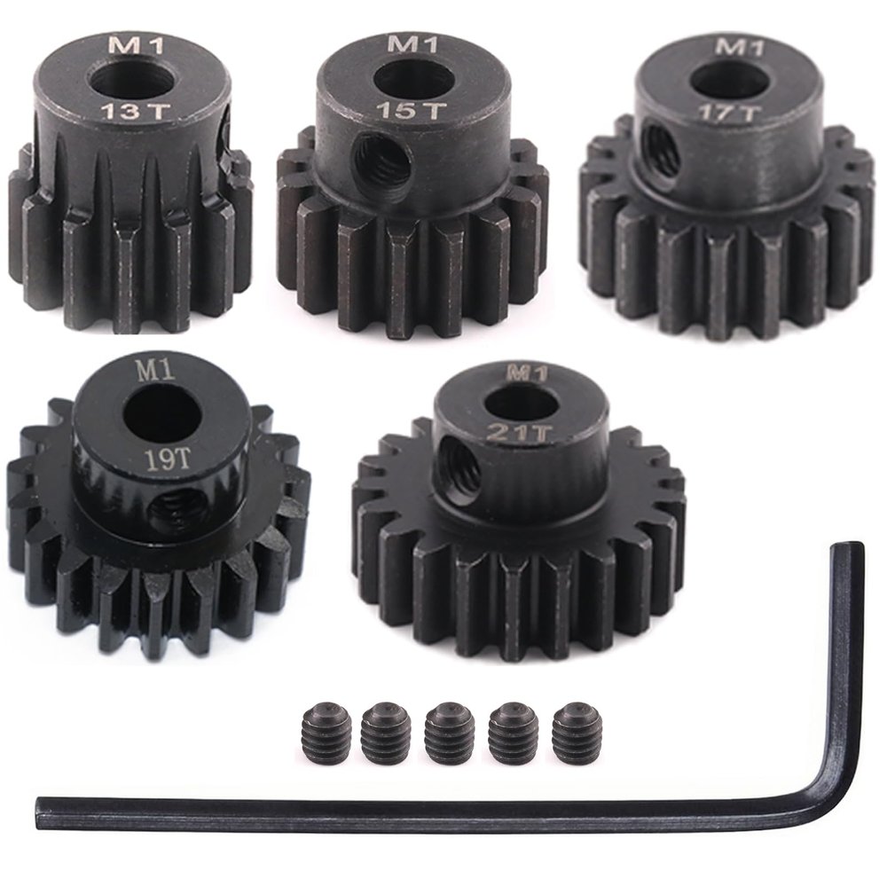 5pcs Mod 1 Pinion Gear 5mm Set Hardened Steel 13T 15T 17T 19T 21T Fit 5mm RC Motor Shaft M1 Pitch Gears Compatible with Arrma Traxxas Axial HSP Redcat Losi RC Car Truck Buggy (with Screwdriver)