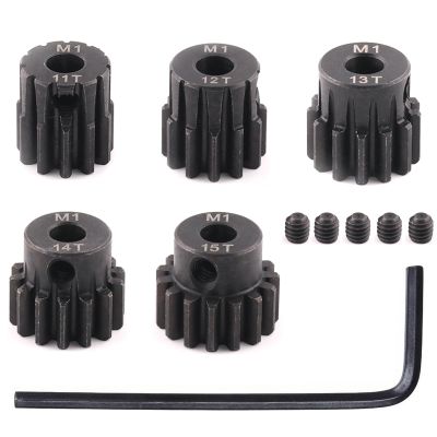 5pcs Mod 1 Pinion Gear 5mm Set Hardened Steel 11T 12T 13T 14T 15T Fit 5mm RC Motor Shaft M1 Pitch Gears Compatible with Arrma Traxxas Axial HSP Redcat Losi RC Car Truck Buggy (with Screwdriver)