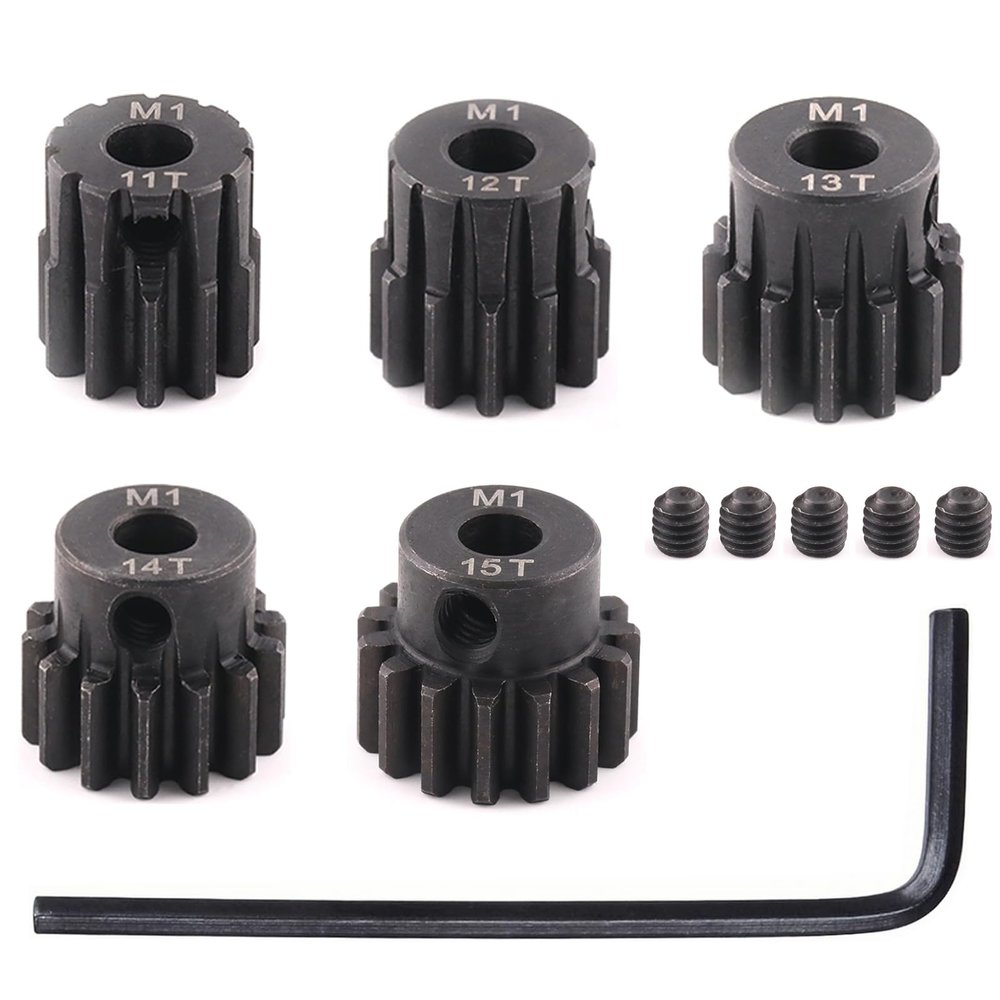 5pcs Mod 1 Pinion Gear 5mm Set Hardened Steel 11T 12T 13T 14T 15T Fit 5mm RC Motor Shaft M1 Pitch Gears Compatible with Arrma Traxxas Axial HSP Redcat Losi RC Car Truck Buggy (with Screwdriver)