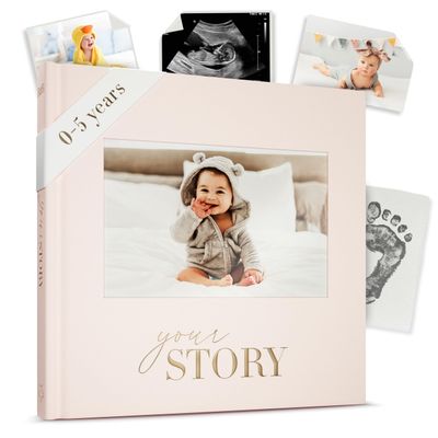 Baby Memory Book Cream Fabric Baby Journal for Boys or Girls | Keepsake Scrapbook & Photo Album from Birth to Age 5 | Newborn Gift for Baby Shower or New Parents