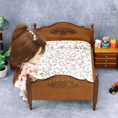 AirAds 1:12 Scale Dollhouse Miniature Bedroom Furniture Brown Bed with 2 nightstands (Set 3) Dolls Bed Dollhouse Decoration