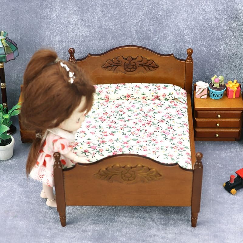 AirAds 1:12 Scale Dollhouse Miniature Bedroom Furniture Brown Bed with 2 nightstands (Set 3) Dolls Bed Dollhouse Decoration
