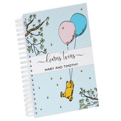 Personalized Twin Baby Memory Book - Hardcover First Year Album Customized with Babies Names - Prompted Baby Journal (Pooh with Twin Balloons - Pink & Blue)