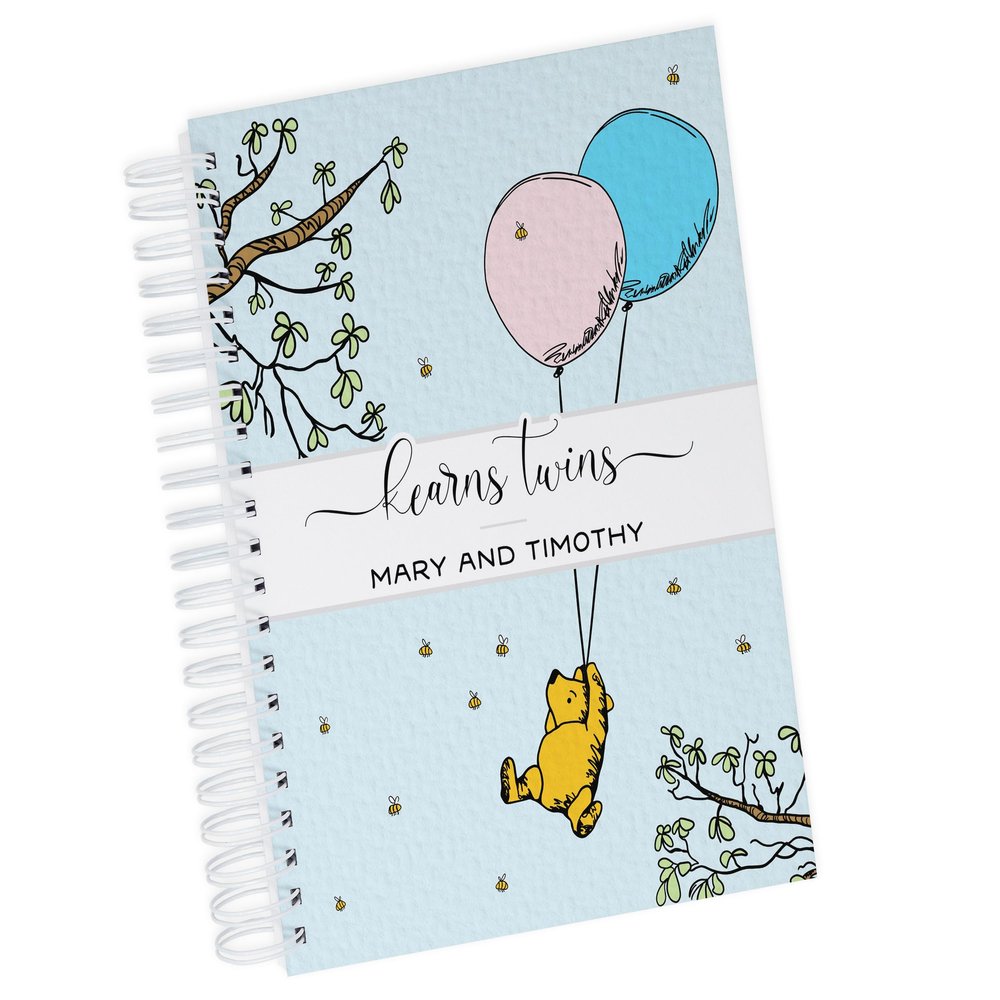 Personalized Twin Baby Memory Book - Hardcover First Year Album Customized with Babies Names - Prompted Baby Journal (Pooh with Twin Balloons - Pink & Blue)
