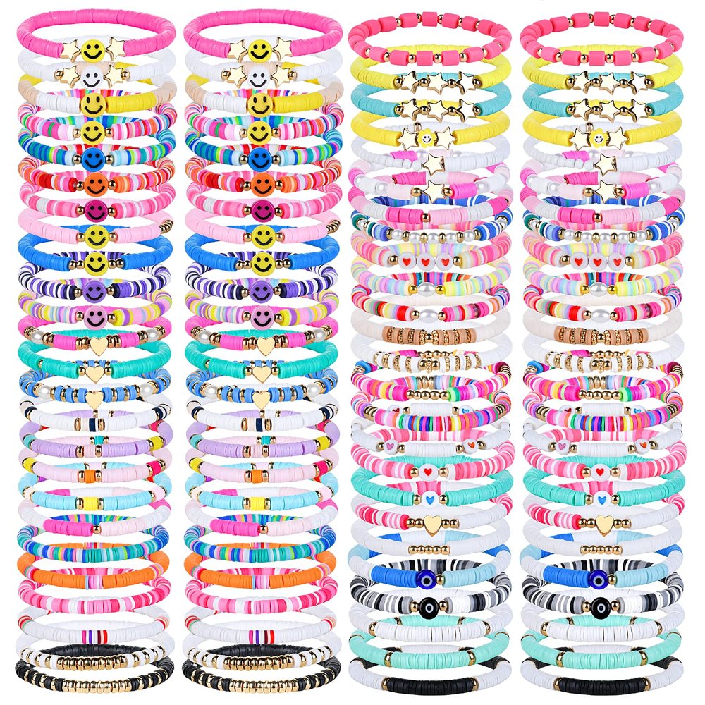 ZHLISHQINJJ 100 Pcs Friendship Bracelets for Women Bead Colorful Surfer Heishi Bracelet Set , Cute Clay Beaded Bulk Bracelets Stretch bracelets Clay for Women Stackable Bohemian Summer Beach Party, Valentine's Day, Birthday Gifts