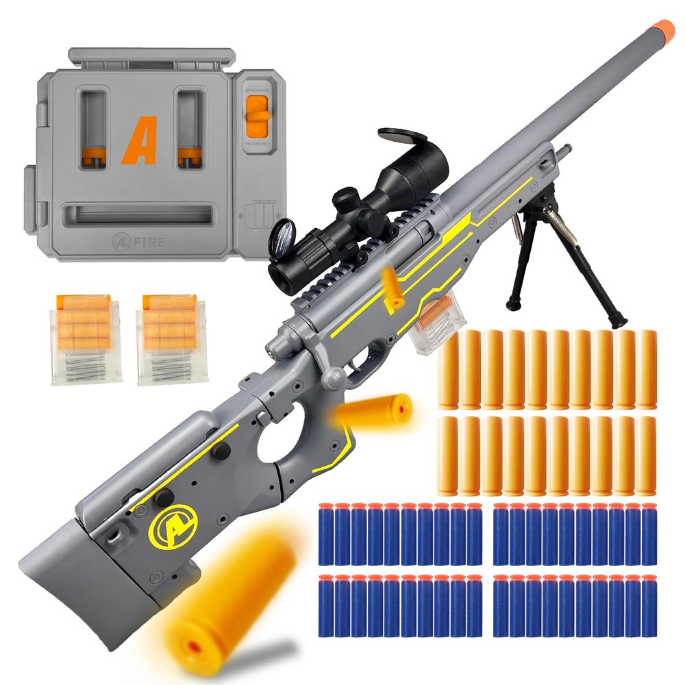 AGM MASTECH AWM Foam Dart Blaster, Shell Ejecting Model with Scope, Metal Components, Foldable Stock, 40 Darts, 20 Shells. Tactical CS Game Prop for Teens 14+ and Adults (Gold)
