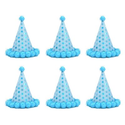6pcs Birthday Cone Hat Sky Blue Birthday Party Hats with Plush Balls Kids Birthday Supplies
