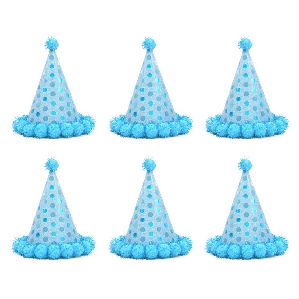 6pcs Birthday Cone Hat Sky Blue Birthday Party Hats with Plush Balls Kids Birthday Supplies