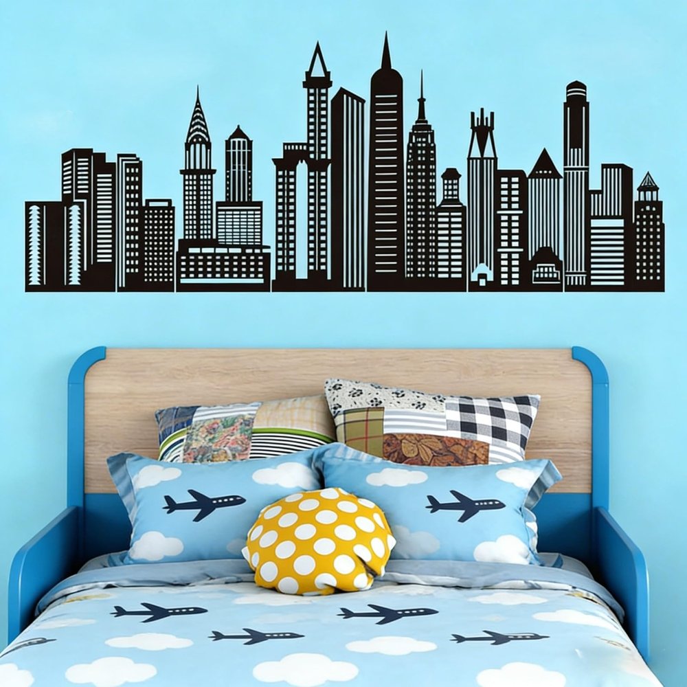 Amimagen Black City Skyline Wall Stickers - City Building Silhouette Wall Decals - Boys Nursery Kids Bedroom Living Room Wall Decor