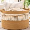 KAKAMAY Large Blanket Basket (20"x13"),Woven Baskets for storage Baby Laundry Hamper, Cotton Rope Blanket Basket for Living Room, Laundry, Nursery, Pillows, Baby Toy chest (Brown Fringe) view 1