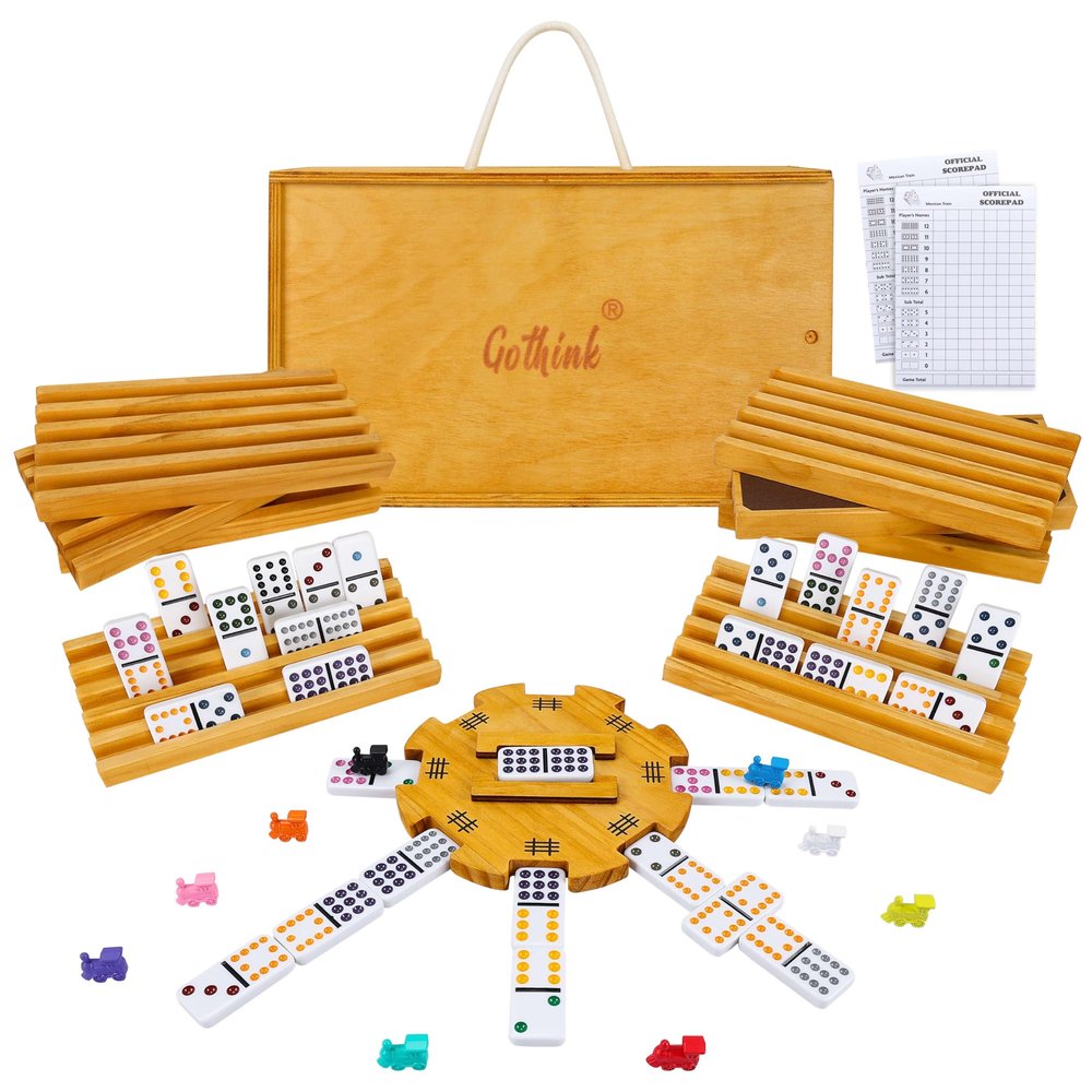GOTHINK Mexican Train Dominoes Set, Double 12 Dominos Set for Kids Adults and Family, Dominoes Tile Board Game with Tiles Holders*8, Colorful Metal Trains*9, Wooden Hub, Scoreboards*2, Wooden Case