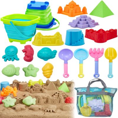 Beach Toys for Toddlers 1-3, Beach Toy Sand Toy for Kids Ages 4-8, 2 Collapsible Sand Bucket and Shovels, Mesh Bag, Sand Castle Animal Molds Sets, Travel Sandbox Toys for Toddlers Kids Age 3-10