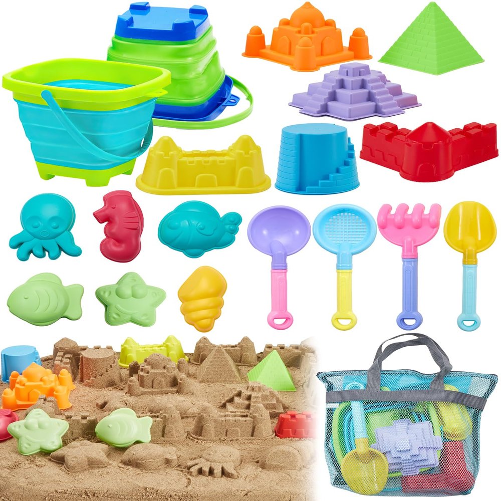 Beach Toys for Toddlers 1-3, Beach Toy Sand Toy for Kids Ages 4-8, 2 Collapsible Sand Bucket and Shovels, Mesh Bag, Sand Castle Animal Molds Sets, Travel Sandbox Toys for Toddlers Kids Age 3-10