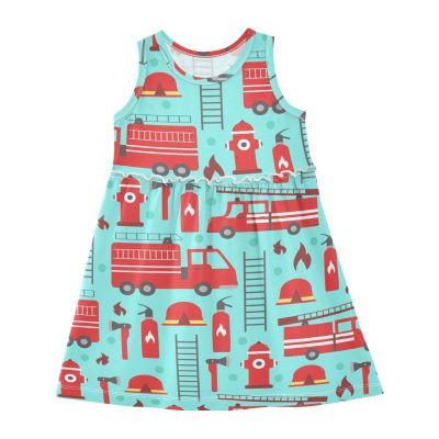 Aflyko Spring Dress for Girl Cute Fire Rescue Truck Kiddo Tank Play Sundress Costume Dress Summertime Comfy Skirt for Church Dinner Event Wedding 5-6T