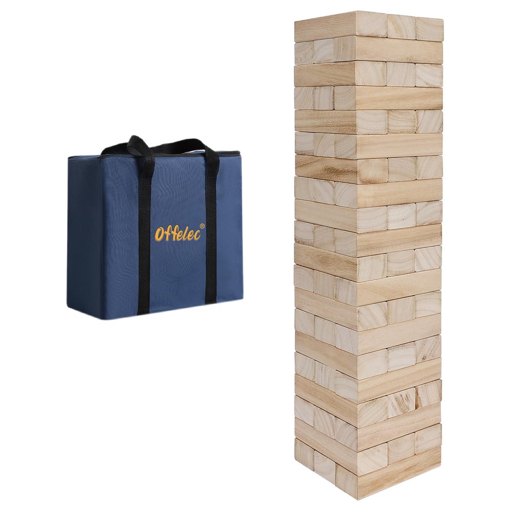 Offelec Tumbling Tower Blocks Games,Large Wooden Blocks Stacking Game for Kids Adults Family Classic Stacking Board Games for Indoor Outdoor Backyard Lawn Stack to Over 3.2Ft- 60pcs with Carrying Bag