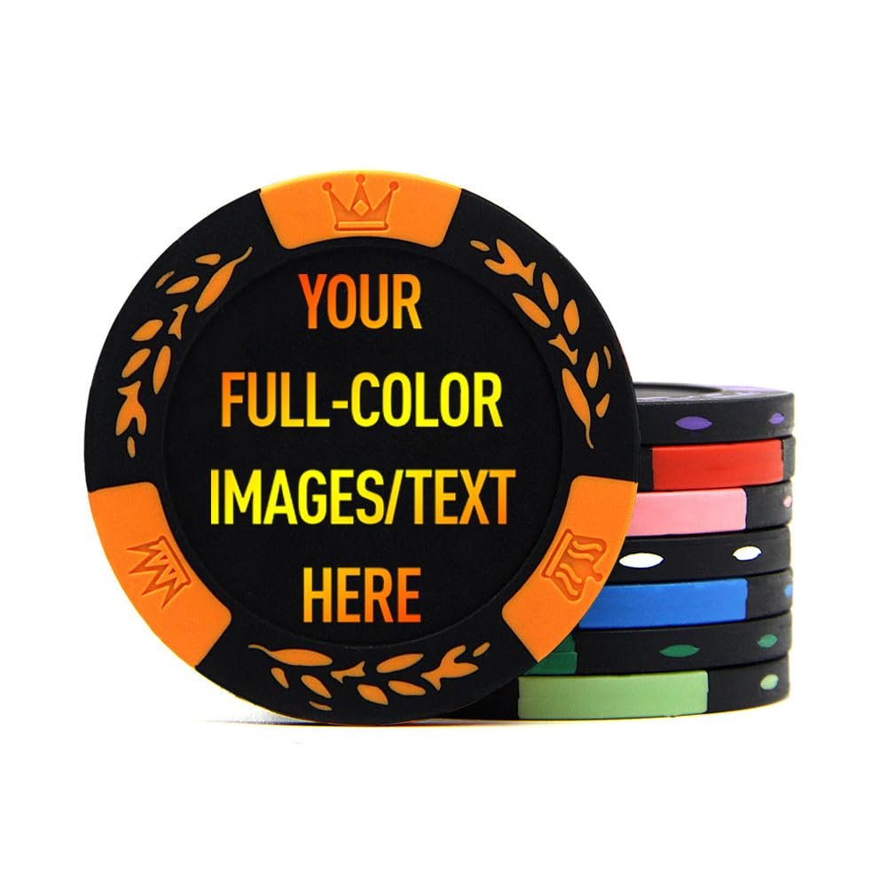 100 Premium Clay Poker Chips, Customized Your Image and Text, 11.5 Gram Casino Chips for Texas Holdem, Blackjack Gambling (Orange)