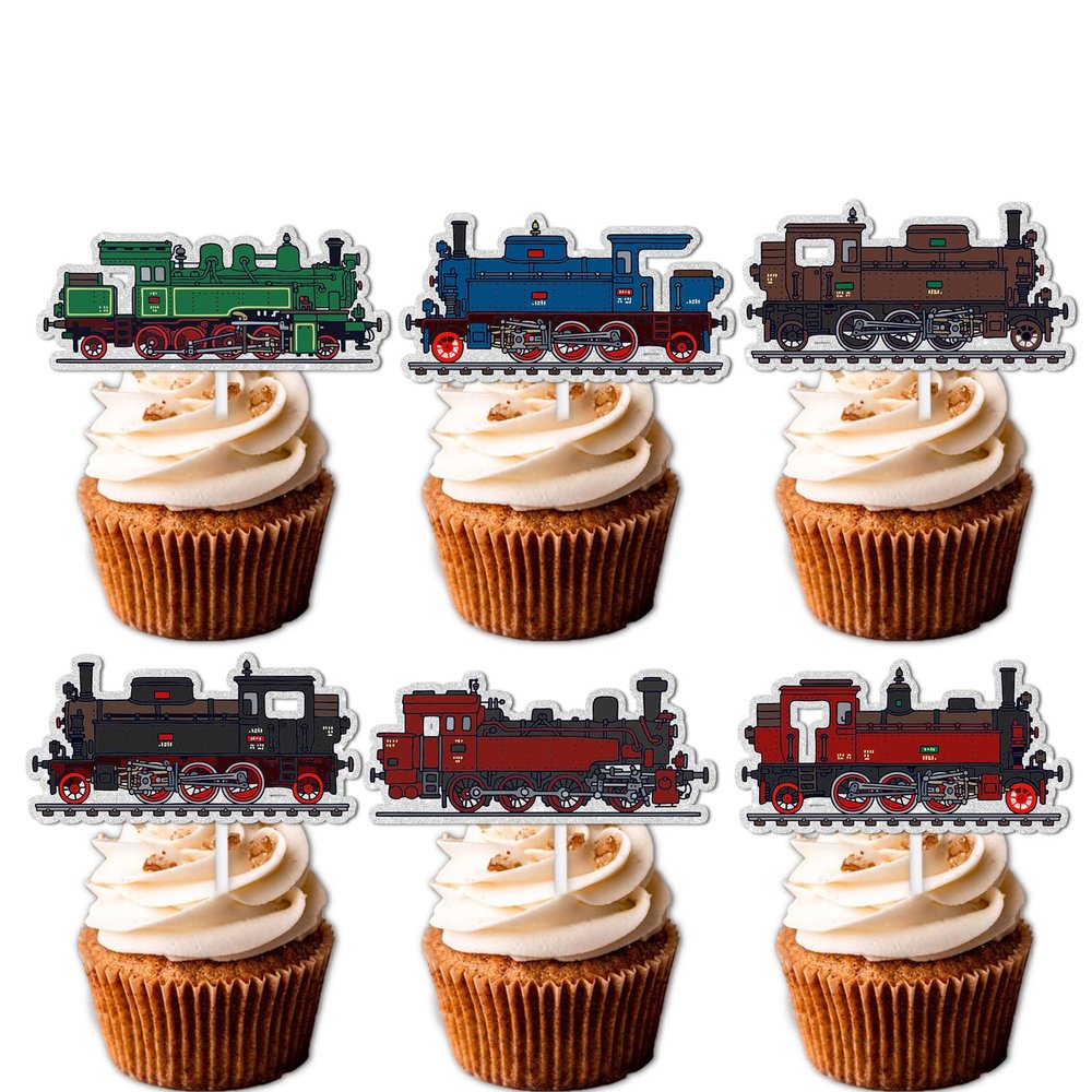 18pcs Glitter Steam Train Dessert Cupcake Topper Transportation Train Railroad Crossing Theme Decor Supplies Baby Shower Children Boy Girl Happy Birthday Party Decorations